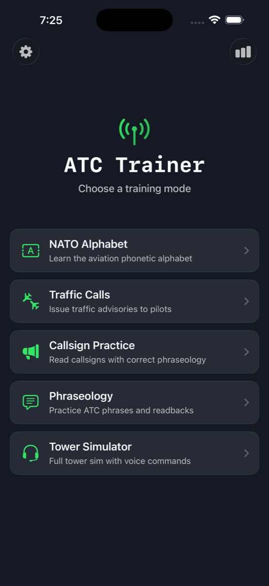ATC Tower Trainer's five voice-based training modes on iPhone